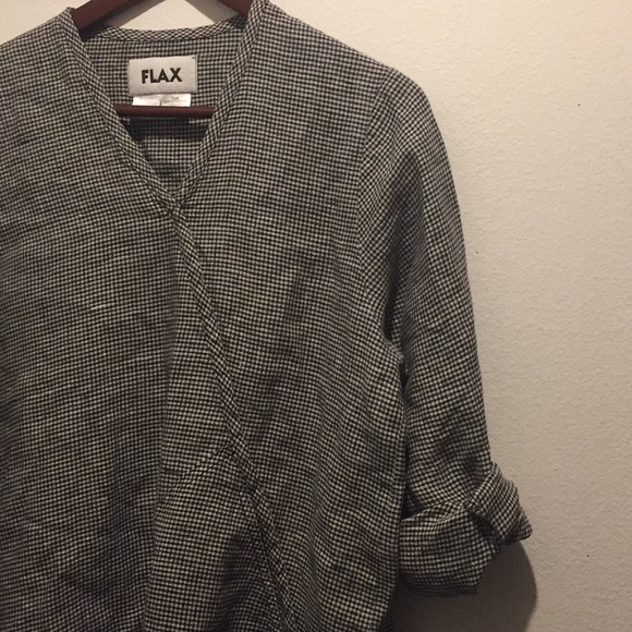 Flax Tops - Vintage FLAX Linen Gingham Faux Wrap Top w Pocket